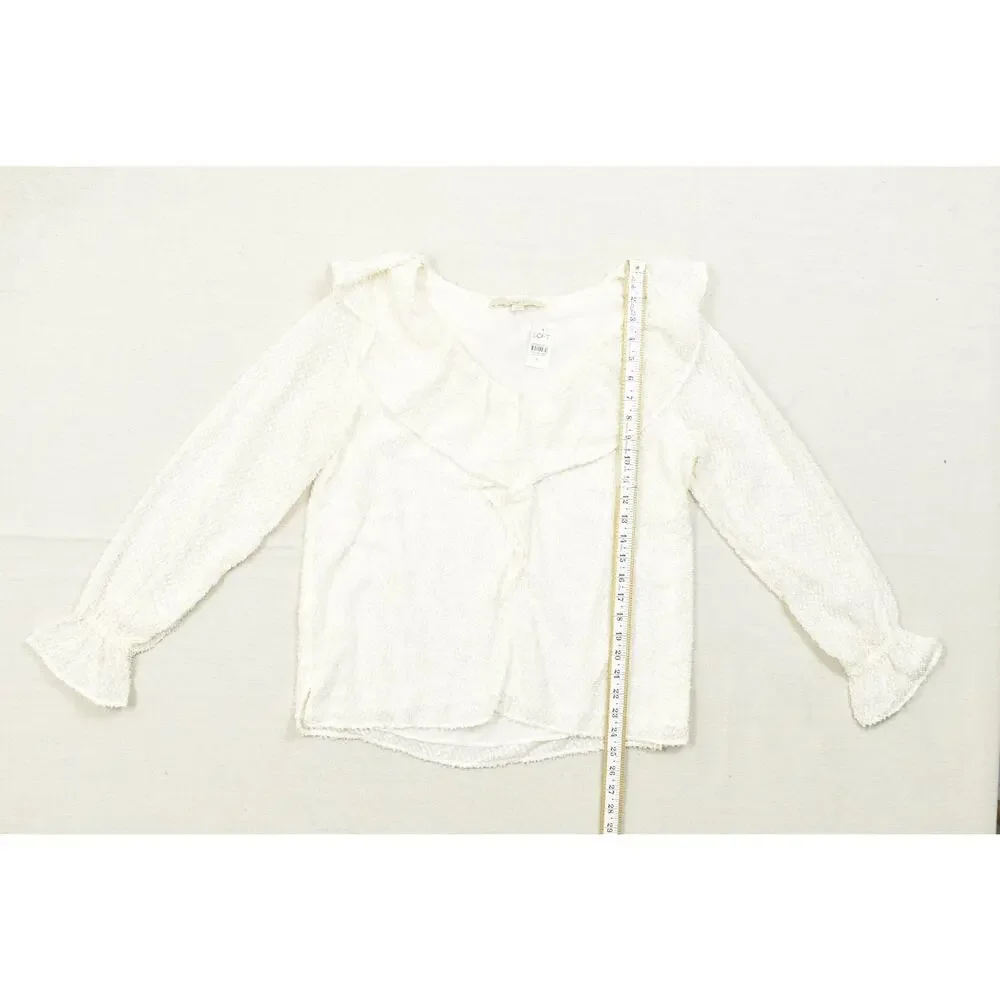 LOFT Women's Medium Cream Textured Ruffle V-Neck Long Sleeve Blouse Gold Metalli